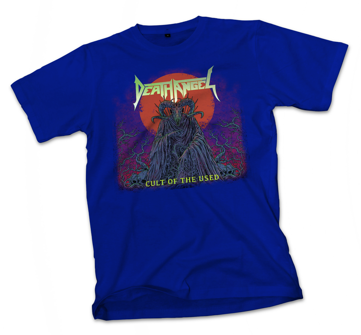 Blue t-shirt with 'Death Angel' graphic design on a white background