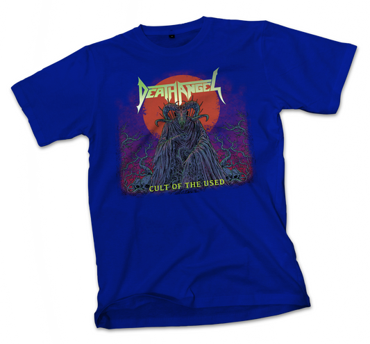 Blue t-shirt with 'Death Angel' graphic design on a white background